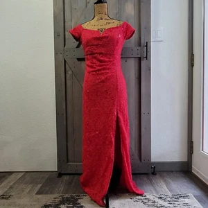 Prom Dress Size Medium Red Sequins Lace Sweetheart V Neckline Long Slit Mermaid - Picture 1 of 10