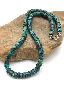 Native Green Turquoise Heishi 10 mm Sterling Silver Bead Necklace 20” 4357 - Picture 1 of 12