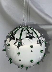 3” Push Pin Christmas Ball Decoration Satin Sequins Ribbon Stars Braid Green NEW - Picture 1 of 5