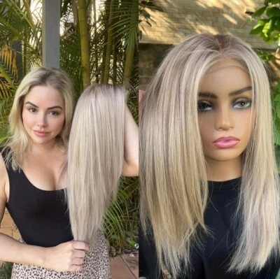 Peluca frontal de encaje Ombre rubia platino resaltada cabello humano recto 13x4 Foto 1 de 4
