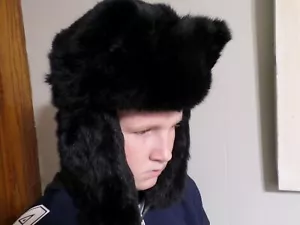 Vintage USSR Russian Siberia Fur Factory Ushanka Trapper Hat Black Earflap Sz 57 - Picture 1 of 7