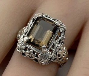 GENUINE SMOKY QUARTZ 925 STERLING SILVER DECO ANTIQUE STYLE FILIGREE RING   #111 - Picture 1 of 3