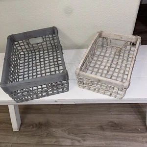 Unique Wood And Wicker Crate Type Rectangular Baskets Set Of 2 6x15” & 5x13” - Picture 1 of 7