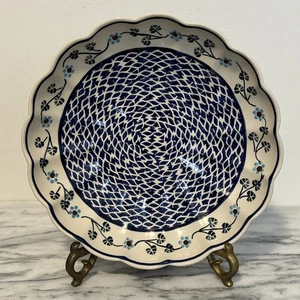 Boleslawiec Polish Pottery 11” Large Serving Dish Scalloped Round Blue Flowers - Picture 1 of 15