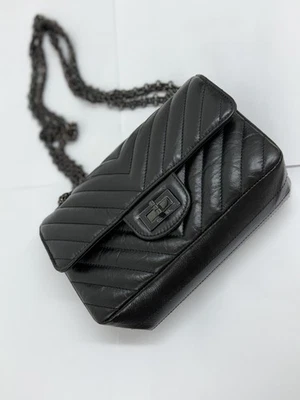 NEW Coco Chanel Flap Bag Aged Calfskin Chevron Quilted 2.55 Black Purse 94305 - Image 1 of 4