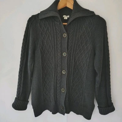 LL Bean Cable Knit Fisherman Cardigan Sweater S Mock Neck Nautical Charcoal Gray - Image 1 of 4