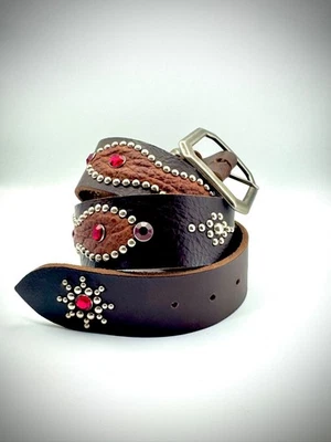 Vintage 1930s Handmade Brown Leather Belt Silver Studs Red Gem Brass Buckle 36 - Image 1 of 4