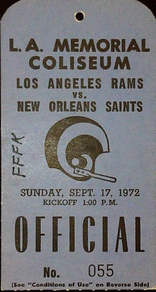Archie Manning Federspiel Debut Ticket Stub Rams Saints Official Pass 9/17/1972 - Image 1 of 2
