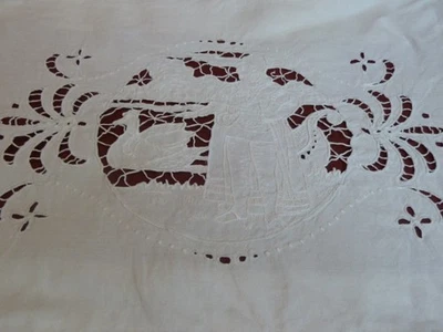 Victorian Figural Pillow Sham Hand Embroidery Antique Pillowcase-Italian Lace - Image 1 of 4