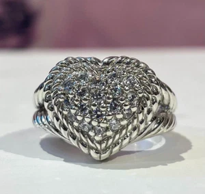 Retired Signature Judith Ripka Sterling Diamonique Pave Heart Ring Sz. 8 Signed - Picture 1 of 6