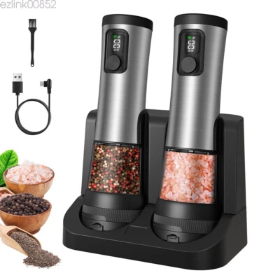 Juego de molinillo eléctrico recargable de sal y pimienta con base de carga paquete de 2 Foto 1 de 4