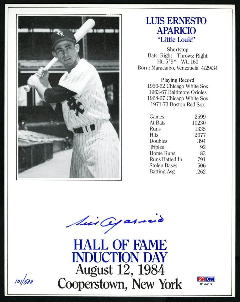 Luis Aparicio SIGNED 8x10 Photo HOF Induction Card White Sox PSA/DNA AUTOGRAPHED - Image 1 of 1