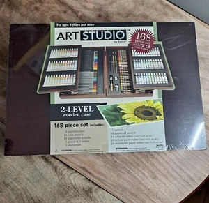 Art Studio by Battat 168 Piece Set Paint Pastels Pencils 2-Tier Wood Case NEW - Picture 1 of 5