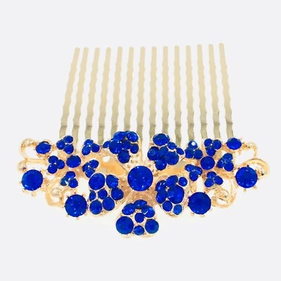 USA Flower Hair Comb Hairpin use Swarovski Crystal Bridal Wedding Gold Blue 5-10 - Image 1 of 4