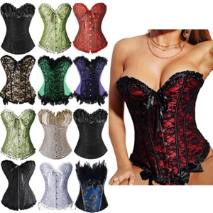 Women Corset Bustier Top Waist Shaper Satin Brocade Stays Boned Corset Overbust - Picture 1 of 37
