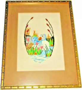 crewel embroidery needle work duckling vintage folk art frame glass mat yarn - Picture 1 of 5
