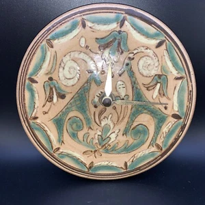 Vintage Studio Pottery Signed Wall Clock Green Rams Florals Capricorn WORKS! - Picture 1 of 7