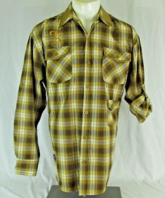 Red Ape Mens Shirt Sz L Plaid Gold Brown Button Front 3 Pockets Roll Tab Sleeves - Image 1 of 4