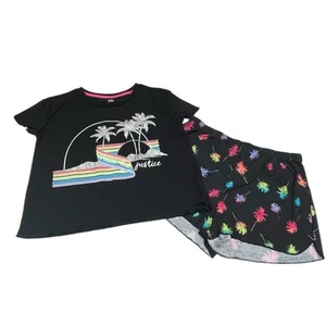 Justice Girls 2pc Pajamas Set Black Size XL 16/18 Top Shorts Colorful Tropical - Picture 1 of 11