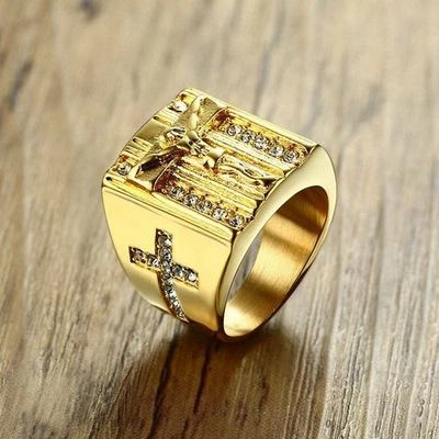 Anillo Para Hombre Cruz Talla 7-14 Acero Inoxidable Jesús Crucifijo Astilla Oro Moda Foto 1 de 4