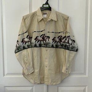Camisa De Colección Express Rider Western Para Hombres Grande Beige Caballos Salvajes Perla Bolsillos a Presión - Imagen 1 de 8