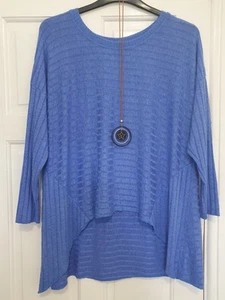 BNWT In Italy 16 18 20 Blue Ribbed Stretchy Soft 3/4 Sleeve Top & Necklace - Picture 1 of 3