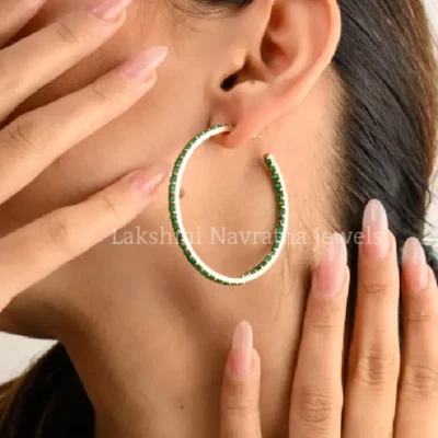 3ct Round Simulated Green Emerald Big Hoop Earrings 14K Yellow Gold Plated - Image 1 of 4
