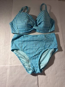 Lands' End Blue Check High Rise Bikini Set Top Size 12D, Bottom Size 12 - Picture 1 of 14