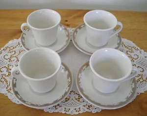 Vintage Syracuse China RESTAURANT WHITE Coffee Cups + DARK NUTMEG Saucers~Setof4 - Picture 1 of 11
