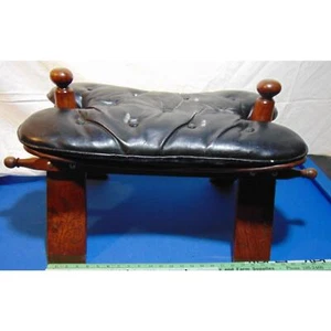 Vintage EGYPTIAN CAMEL Saddle Black Leather Cushion Foot Stool With Brass Caps - Picture 1 of 19