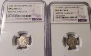(2) 1905 VBP & 1910 VBP Denmark 10 Ore NGC Uncirculated Hairlines - Picture 1 of 6