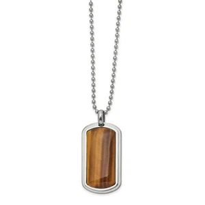 Stainless Steel Polished Tiger's Eye Dog Tag Ball Chain Pendant Necklace 22" - Picture 1 of 2
