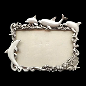 Dolphin & Sea Shells Picture Frame - 4x6 Pewter Silver Grey Gray Ocean Beach - Picture 1 of 7