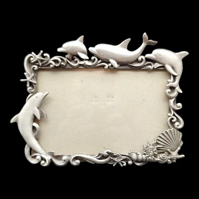 Dolphin & Sea Shells Picture Frame - 4x6 Pewter Silver Grey Gray Ocean Beach - Image 1 of 4