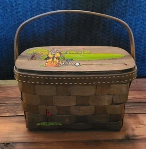 Vintage Woven Basket Golf Theme Purse Signed to 'Reeves' Caro Nan Hand Painted - Picture 1 of 10