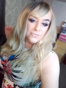 LONG BLONDE WIG MOUSE GOLDEN LIGHT BROWN BLACK OMBRE ROOTS FRINGE BANGS WAVY - Picture 1 of 24