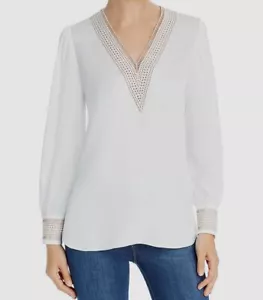 NEW $368 Elie Tahari Women White Deep V Neck Long Puff Sleeve Silk Top Size S - Picture 1 of 2