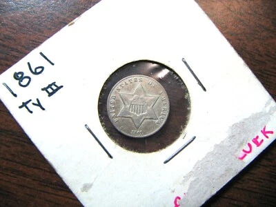 EF/AU 1861 Type III, SILVER 3 Cent Piece, Great Color, Date, Lettering, Rims - Image 1 of 2