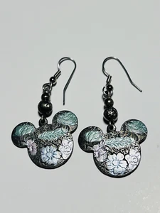 Mickey Mouse Earrings Disney Enamel Embossed Floral Pierced Pink Green Blue - Picture 1 of 7