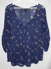 Torrid Top Butterfly Print Pintuck Sheer Blouse Blue Ruched 3/4 Sleeves Size 0