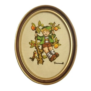 Vintage Completed Crewel Needlepoint Hummel Boy in Fruit Apple Tree Oval Framed  - Picture 1 of 4