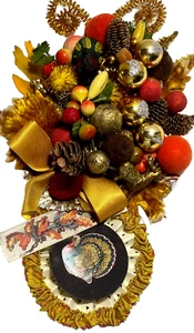 Handmade Thanksgiving Gold Corsage Glass Ball Ribbon Pinecones Turkey Puff Balls - Picture 1 of 8