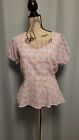 Peach Pink Blue Pastel Floral Floaty Top Blouse Puff Ball Sleeves Size 12