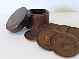 Antique Japanese carved bamboo coaster set and box, Mt. Fuji theme - Bild 1 von 5
