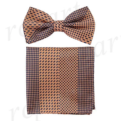 Nuevo conjunto de pajarita y pañuelo preatado para hombre geométrico melocotón azul marino fiesta formal graduación Foto 1 de 4