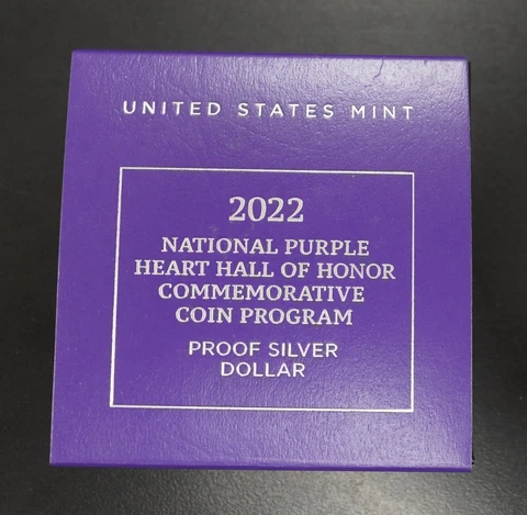 2022 National Purple Heart Hall of Honor BU Silver $1 Dollar Coin Box + COA Cover