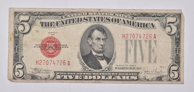 1928-E $5 Selo Vermelho Licitação Legal Estados Unidos Nota Média Circ *0757 - Imagem 1 de 4