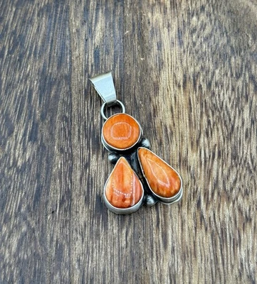 Navajo Handmade Sterling Silver Orange Spiny Oyster Shell Cluster Drop Pendant - Image 1 of 3