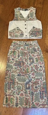 Vintage 90s Willowbend Cotton Denim Skirt Vest Set Size Medium 10 Tan AMAZING! - Image 1 of 4