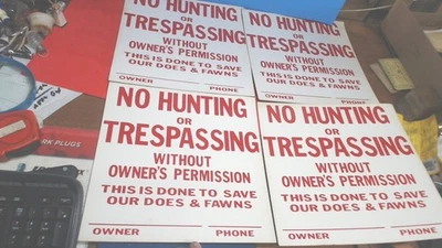 Vintage-NO HUNTING or TRESPASSING-4 -Heavy Paperboard Signs Mancave Shack Cabin - Image 1 of 4